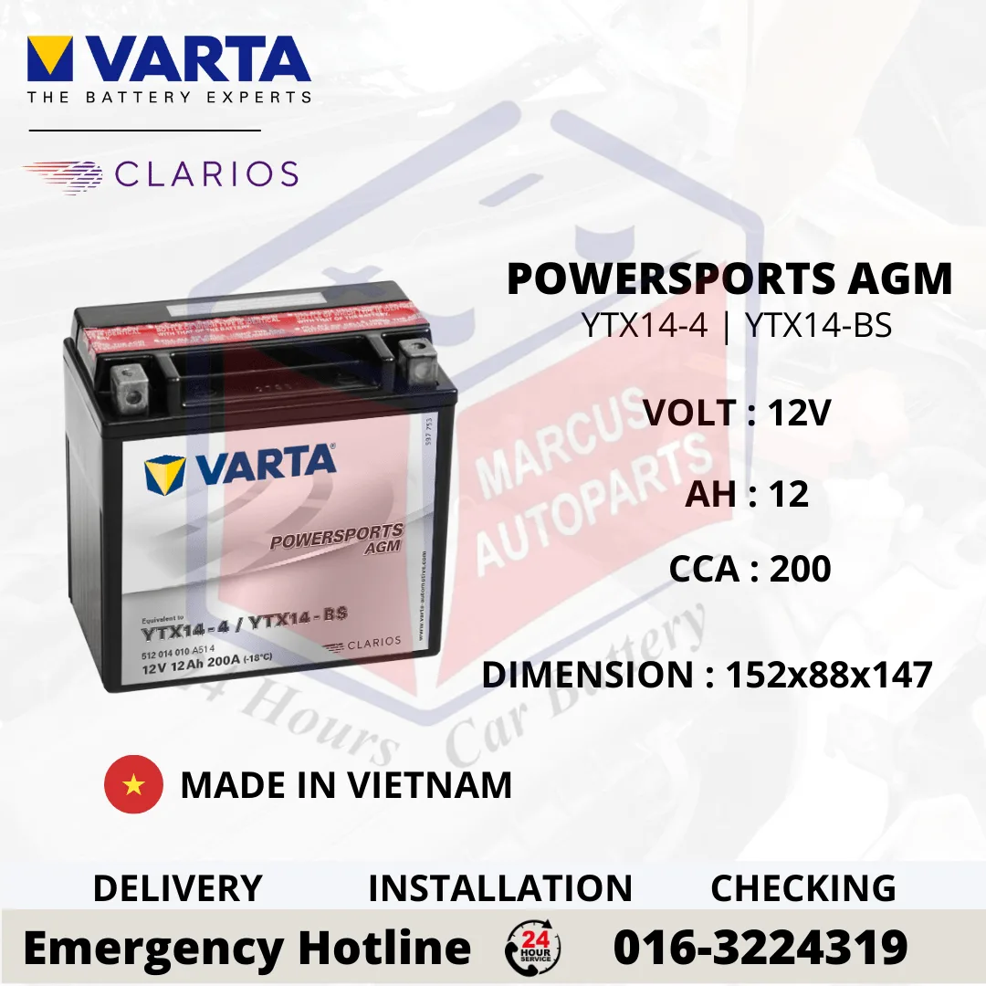 VARTA POWERSPORTS AGM YTX14-BS 12AH 200CCA AUXILIARY BATTERY