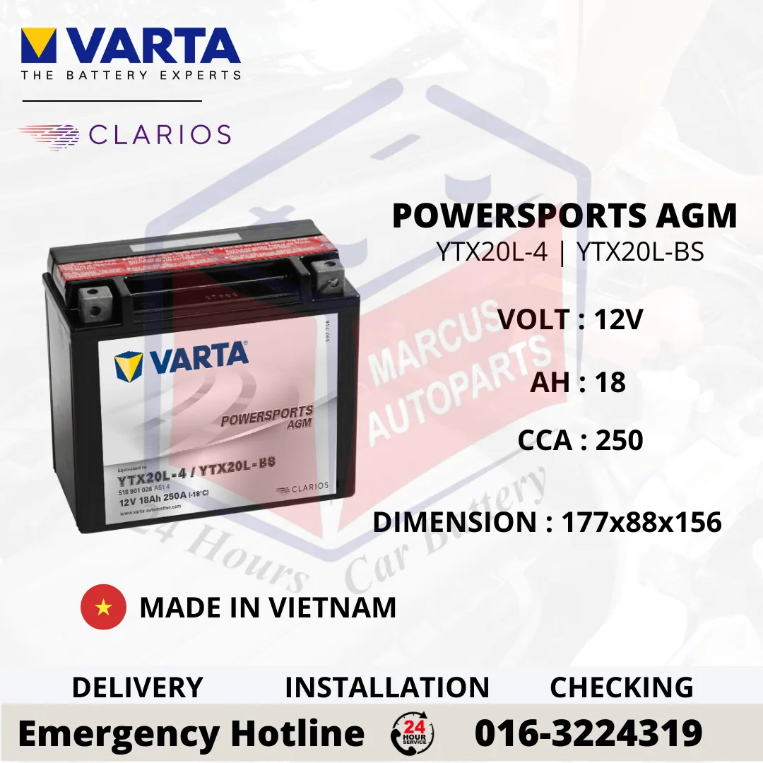 VARTA POWERSPORTS AGM YTX20L-BS 18AH 250CCA AUXILIARY BATTERY