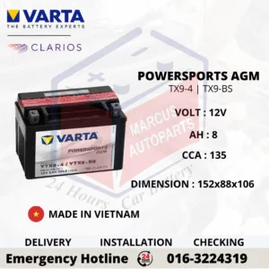VARTA POWERSPORTS AGM YTX9-BS 8AH 135CCA AUXILIARY BATTERY