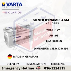 VARTA SILVER DYNAMIC AGM A5 | G14 | LN5 | DIN95L 95AH 850CCA START-STOP CAR BATTERY (GERMANY MADE)
