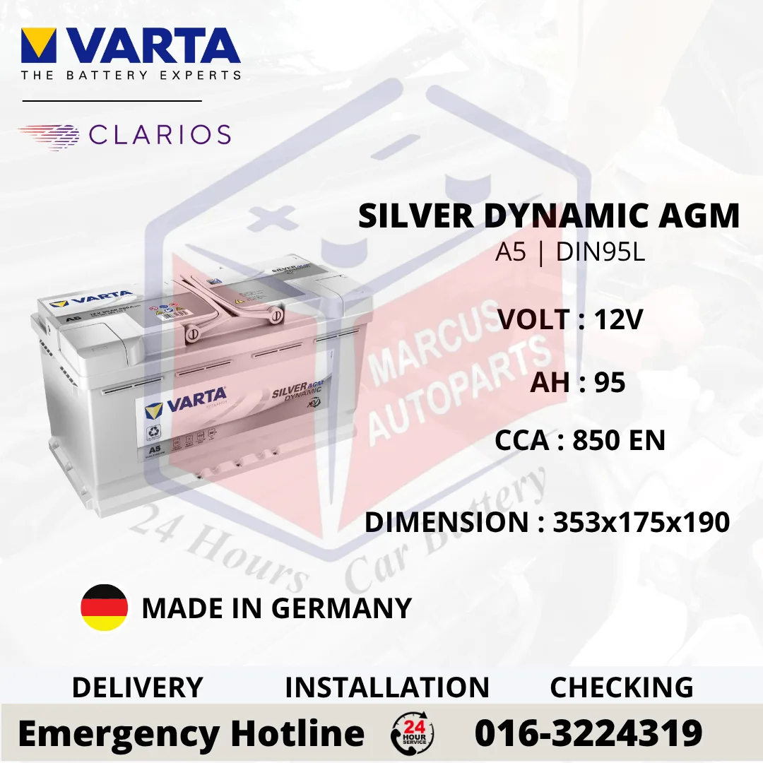 VARTA SILVER DYNAMIC AGM A5 | G14 | LN5 | DIN95L 95AH 850CCA START-STOP CAR BATTERY (GERMANY MADE)