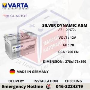 VARTA SILVER DYNAMIC AGM A7 | E39 | LN3 | DIN70L 70AH 760CCA START-STOP CAR BATTERY (GERMANY MADE)