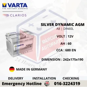 VARTA SILVER DYNAMIC AGM A8 | D52 | LN2 | DIN60L 60AH 680CCA START-STOP CAR BATTERY (GERMANY MADE)