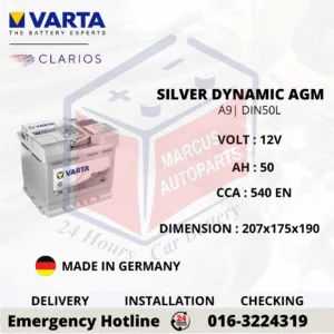 VARTA SILVER DYNAMIC AGM A9 | LN1 | DIN50L 50AH 540CCA START-STOP CAR BATTERY (GERMANY MADE)