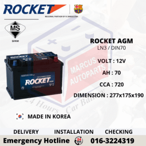 ROCKET AGM LN3 | DIN70L 70AH 760CCA START-STOP CAR BATTERY