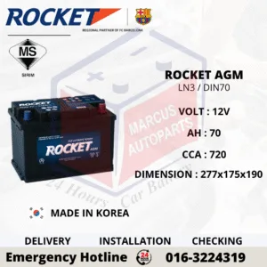 ROCKET AGM LN3 | DIN70L 70AH 760CCA START-STOP CAR BATTERY