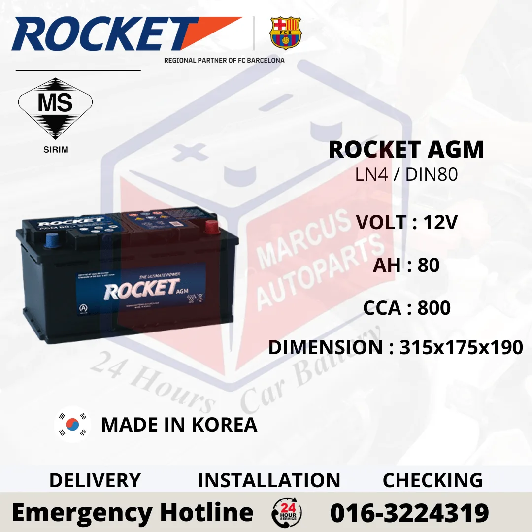 ROCKET AGM LN4 | DIN80L 80AH 800CCA START-STOP CAR BATTERY