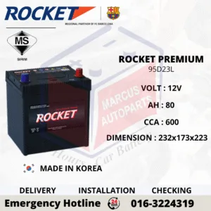ROCKET PREMIUM 95D23L | 55D23L 80AH 600CCA MAINTENANCE FREE CAR BATTERY