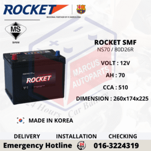 ROCKET SMF NS70 | 80D26R 70AH 510CCA MAINTENANCE FREE CAR BATTERY