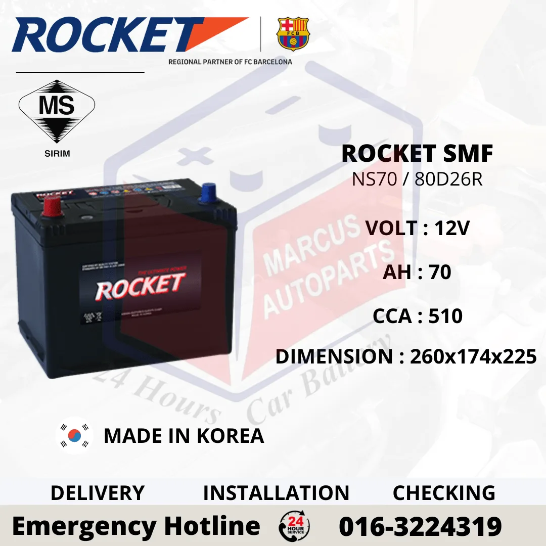 ROCKET SMF NS70 | 80D26R 70AH 510CCA MAINTENANCE FREE CAR BATTERY