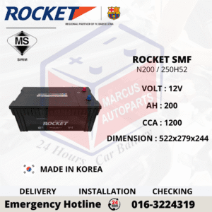 ROCKET SMF N200 | 250H52 200AH 1200CCA MAINTENANCE FREE COMMERCIAL BATTERY