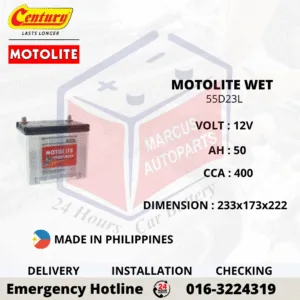 CENTURY MOTOLITE HYBRID 55D23L 50AH 400CCA LOW MAINTENANCE CAR BATTERY