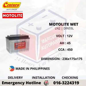 CENTURY MOTOLITE HYBRID LN2 DIN55L 45AH 450CCA LOW MAINTENANCE CAR BATTERY