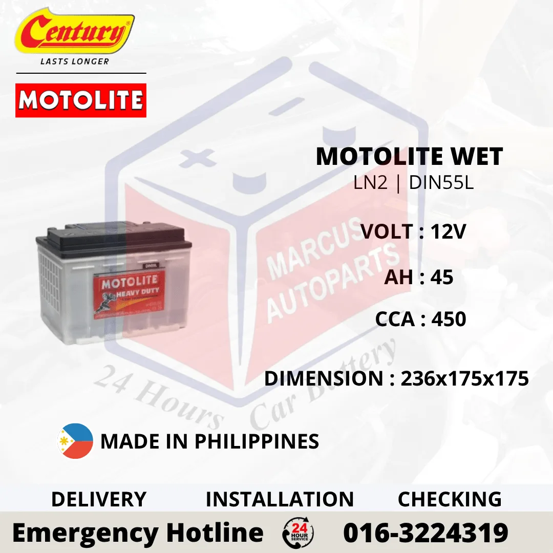 CENTURY MOTOLITE HYBRID LN2 DIN55L 45AH 450CCA LOW MAINTENANCE CAR BATTERY
