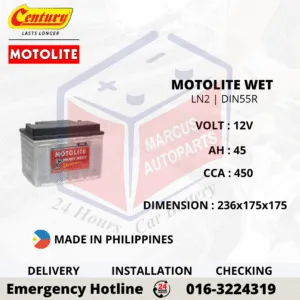 CENTURY MOTOLITE HYBRID LN2 DIN55R 45AH 450CCA LOW MAINTENANCE CAR BATTERY