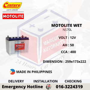CENTURY MOTOLITE HYBRID NS70L 50AH 400CCA LOW MAINTENANCE CAR BATTERY