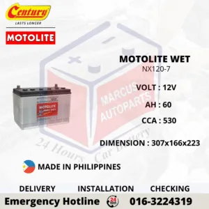 CENTURY MOTOLITE HYBRID NX120-7 60AH 530CCA LOW MAINTENANCE CAR BATTERY