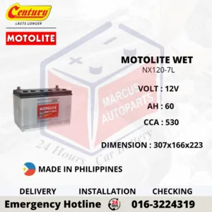 CENTURY MOTOLITE HYBRID NX120-7L 60AH 530CCA LOW MAINTENANCE CAR BATTERY