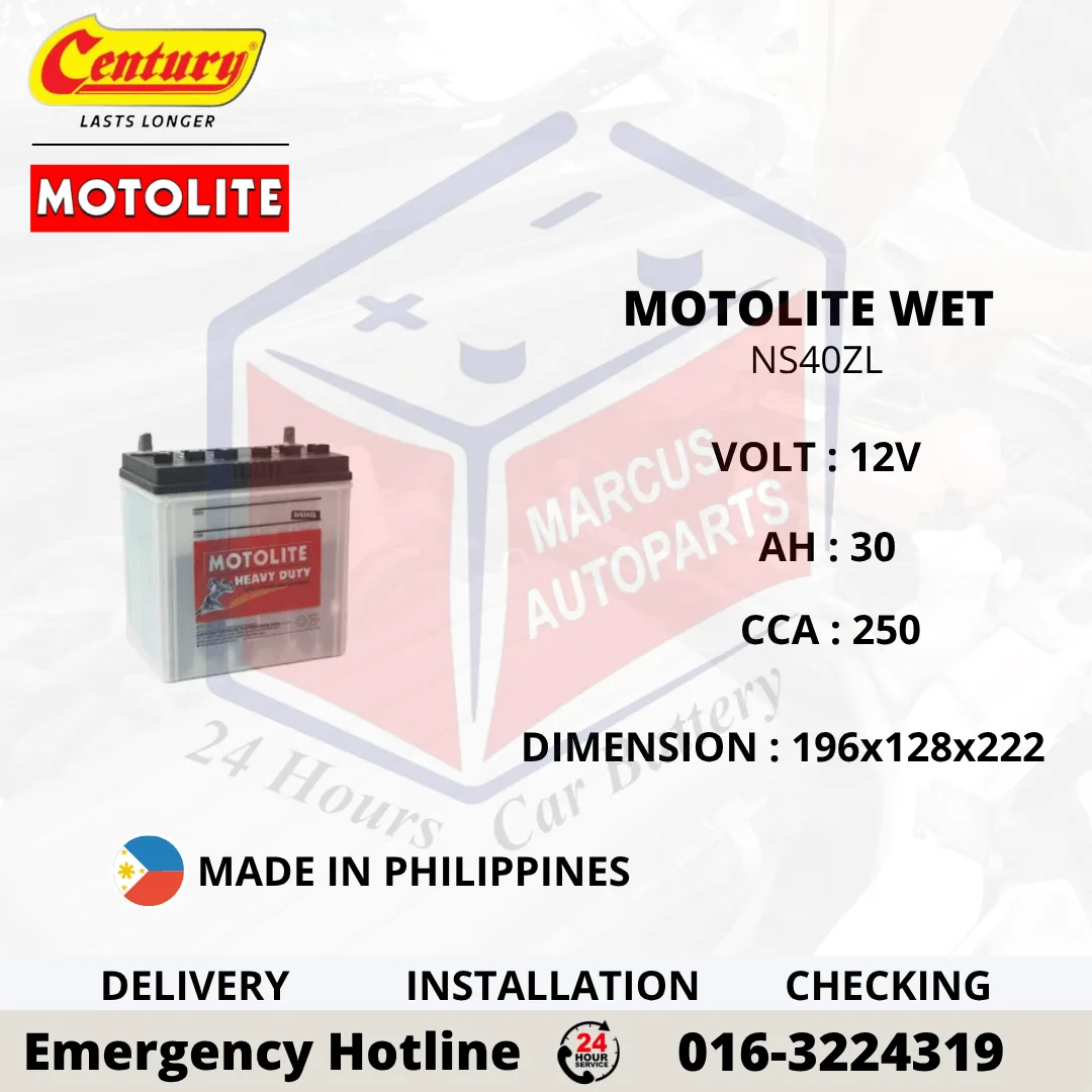 CENTURY MOTOLITE HYBRID NS40ZL 30Ah 250CCA Low Maintenance Car Battery