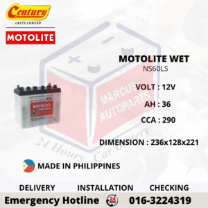 CENTURY MOTOLITE HYBRID NS60LS 36AH 290CCA LOW MAINTENANCE CAR BATTERY