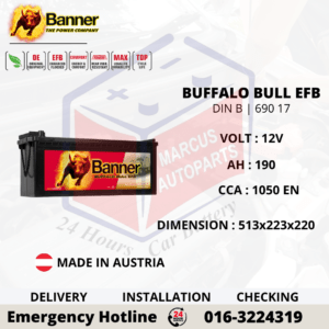 BANNER BUFFALO BULL EFB DIN B | DIN190 | 69017 190Ah 1050EN HEAVY DUTY TRUCK BATTERY