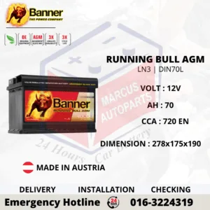 BANNER RUNNING BULL AGM LN3 | DIN70L | 57001 70Ah 720EN START-STOP CAR BATTERY