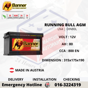 BANNER RUNNING BULL AGM LN4 | DIN80L | 58001 80Ah 800EN START-STOP CAR BATTERY