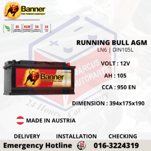 BANNER RUNNING BULL AGM LN6 | DIN105L | 60501 105Ah 950EN START-STOP CAR BATTERY