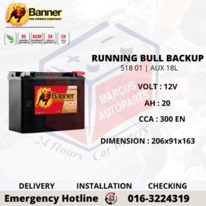 BANNER RUNNING BULL BACKUP AUX18L | 51801 20Ah 300EN AUXILIARY AGM BATTERY