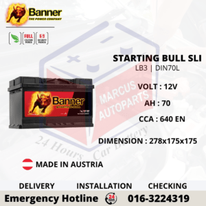 BANNER STARTING BULL SLI LB3 | DIN70L | 57044 70AH 640EN MAINTENANCE FREE CAR BATTERY