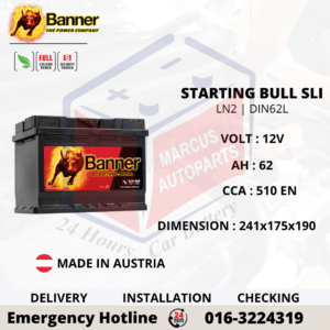 BANNER STARTING BULL SLI LN2 | DIN62L | 56219 62AH 510EN MAINTENANCE FREE CAR BATTERY