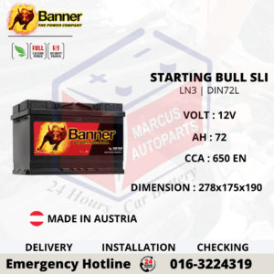 BANNER STARTING BULL SLI LN3 | DIN72L | 57212 72AH 650EN MAINTENANCE FREE CAR BATTERY