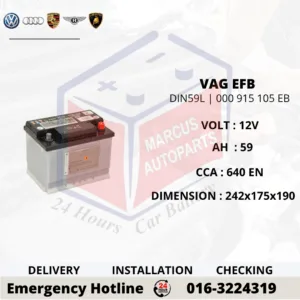 VOLKSWAGEN EFB LN2 | DIN59L | 000 915 105 EB 59Ah 640EN START-STOP CAR BATTERY