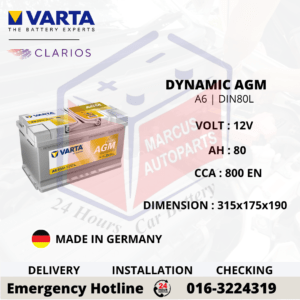 VARTA DYNAMIC AGM LN4 | A6 | DIN80L 80AH 800EN START-STOP CAR BATTERY