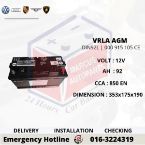 VOLKSWAGEN AGM LN5 | DIN92L | 000 915 105 CE 92Ah 850EN START-STOP CAR BATTERY