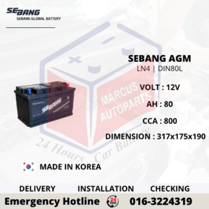 SEBANG AGM LN4 | DIN80L 80AH 800CCA START-STOP CAR BATTERY