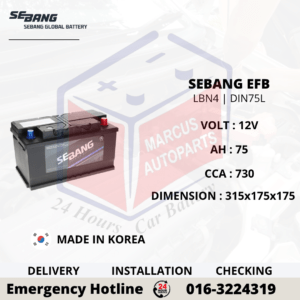 SEBANG EFB LBN4 | DIN75L 75AH 730CCA START-STOP CAR BATTERY
