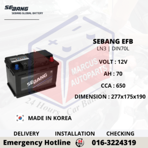 SEBANG EFB LN3 DIN70L 70Ah 650CCA Start-Stop maintenance free car battery. Genuine SEBANG Enhanced Flooded Battery (EFB) designed for selected European and Asian vehicles with start-stop systems, delivering reliable starting power, enhanced durability, and extended battery life. Professional installation available throughout Klang Valley.