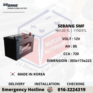 SEBANG SMF NX120-7L | N70ZL | 115D31L 85AH 720CCA MAINTENANCE FREE CAR BATTERY