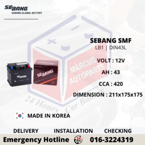 SEBANG SMF LB1 | DIN43L | 54316 43AH 420CCA MAINTENANCE FREE CAR BATTERY