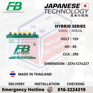 FB FURUKAWA HYBRID NS60L | 46B24L 45AH 295CCA LOW MAINTENANCE CAR BATTERY