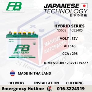 FB FURUKAWA HYBRID NS60S | 46B24RS 45AH 295CCA LOW MAINTENANCE CAR BATTERY