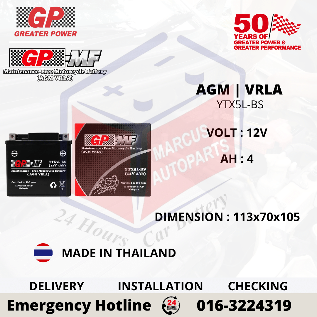 GP MF AGM YTX5L-BS 4AH MOTORCYCLE BATTERY
