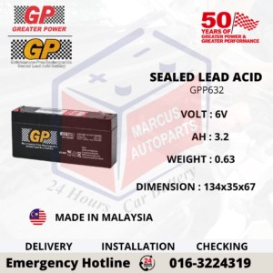 GP SLA GPP632 6V 3.2AH SEALED LEAD ACID BATTERY