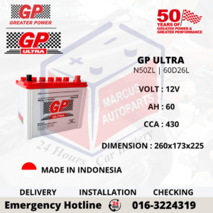 GP ULTRA N50ZL | 60D26L 60AH 430CCA LOW MAINTENANCE CAR BATTERY