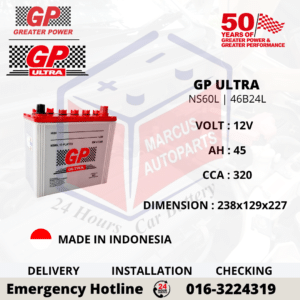 GP ULTRA NS60L | 46B24L 45AH 320CCA LOW MAINTENANCE CAR BATTERY